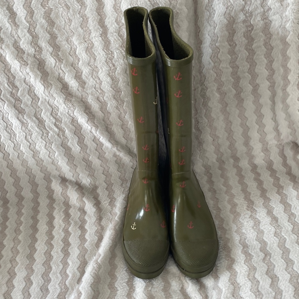 J. Crew Green Rain Boots with Anchors Size 8